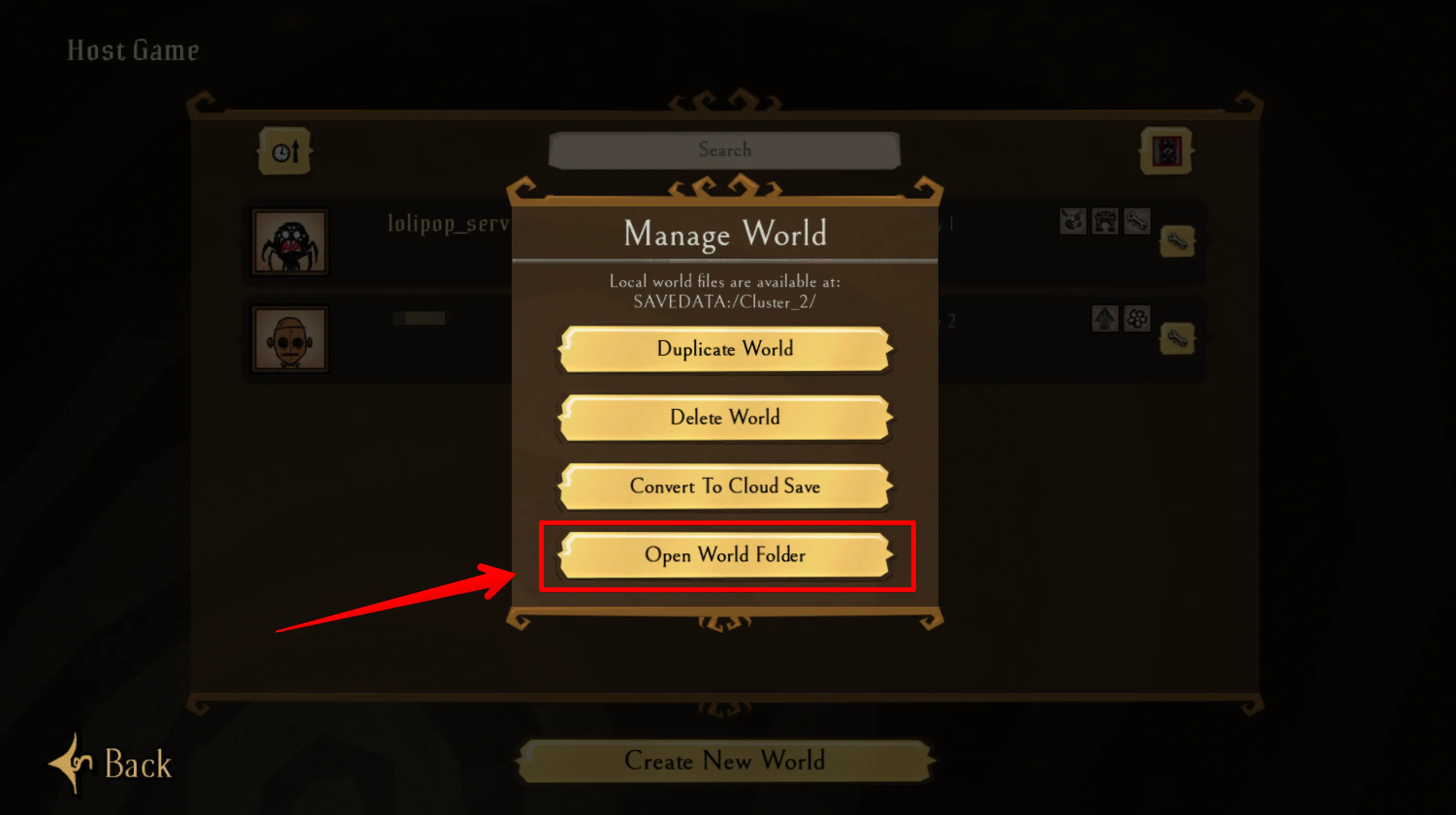 サーバー_ファイルを転送_「Open World Folder」をクリック