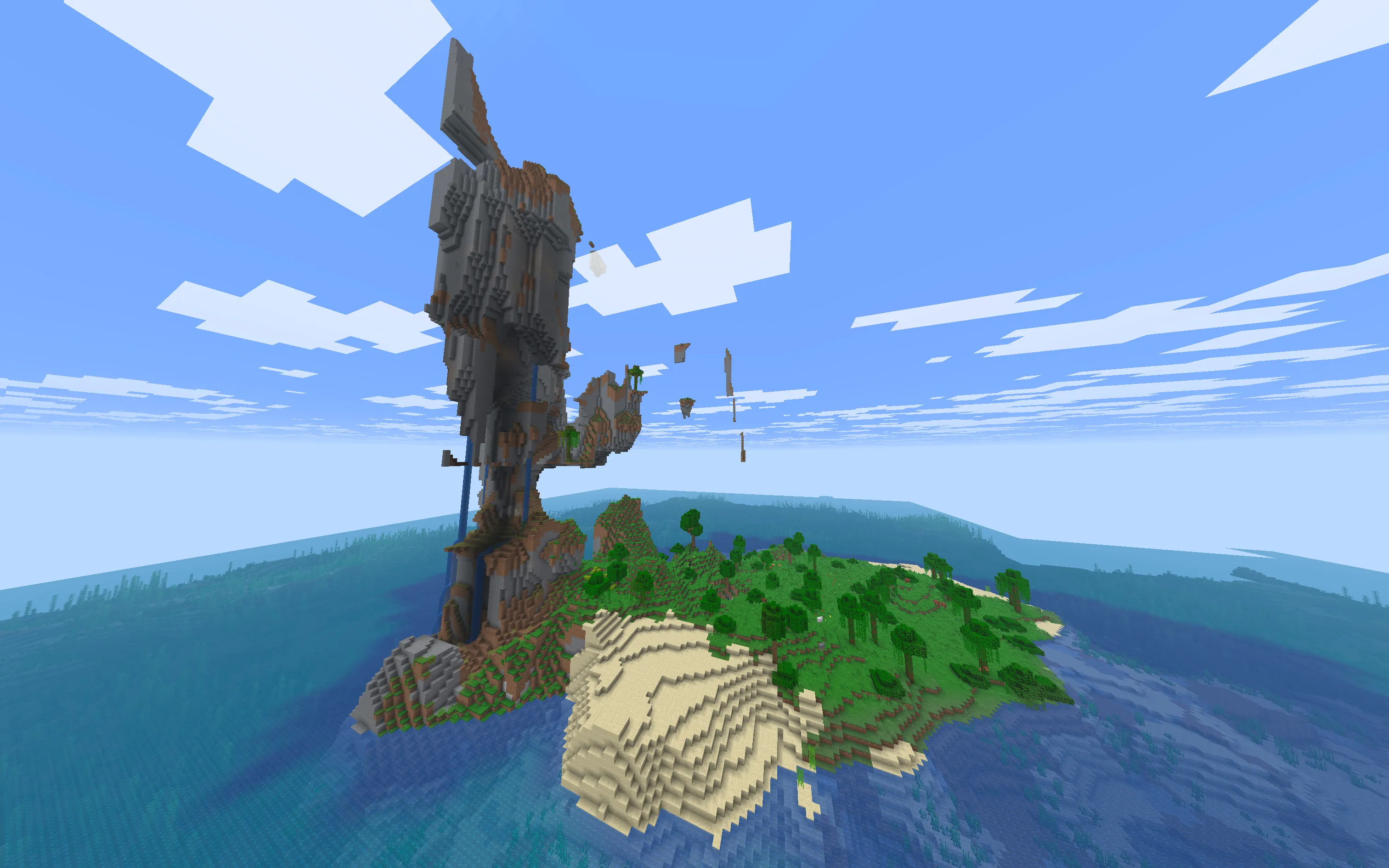 海上にそびえる歪に曲がった縦長の地形でのサバイバル