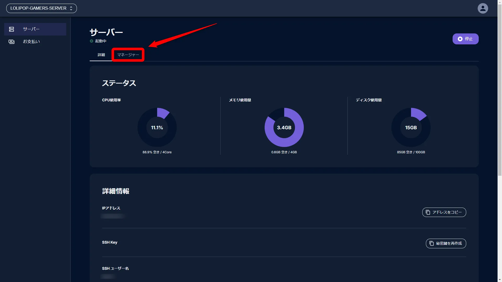 レンタルサーバー_STEP2_「マネージャー」タブを選択