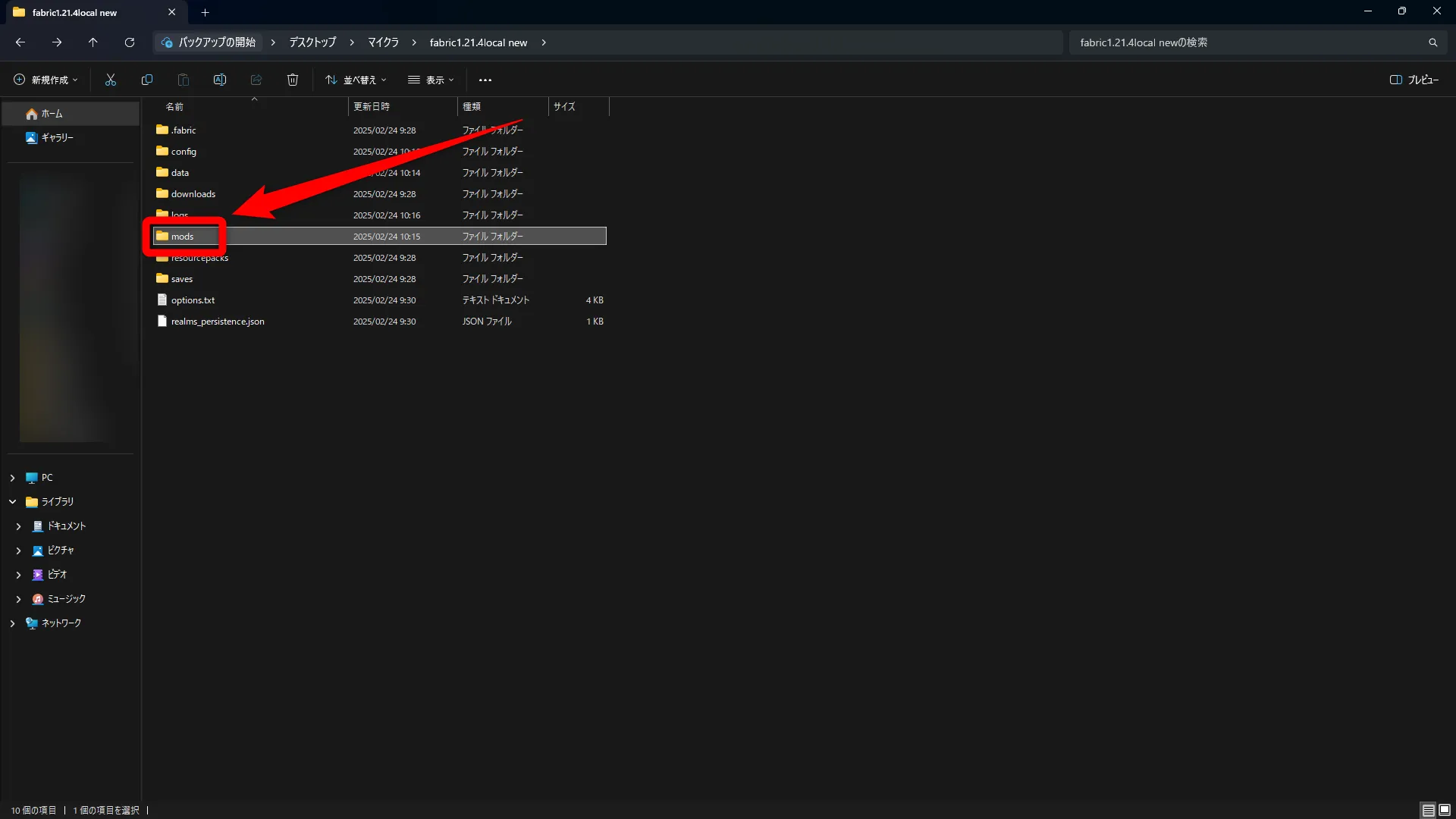 MOD導入_「mods」フォルダを開く