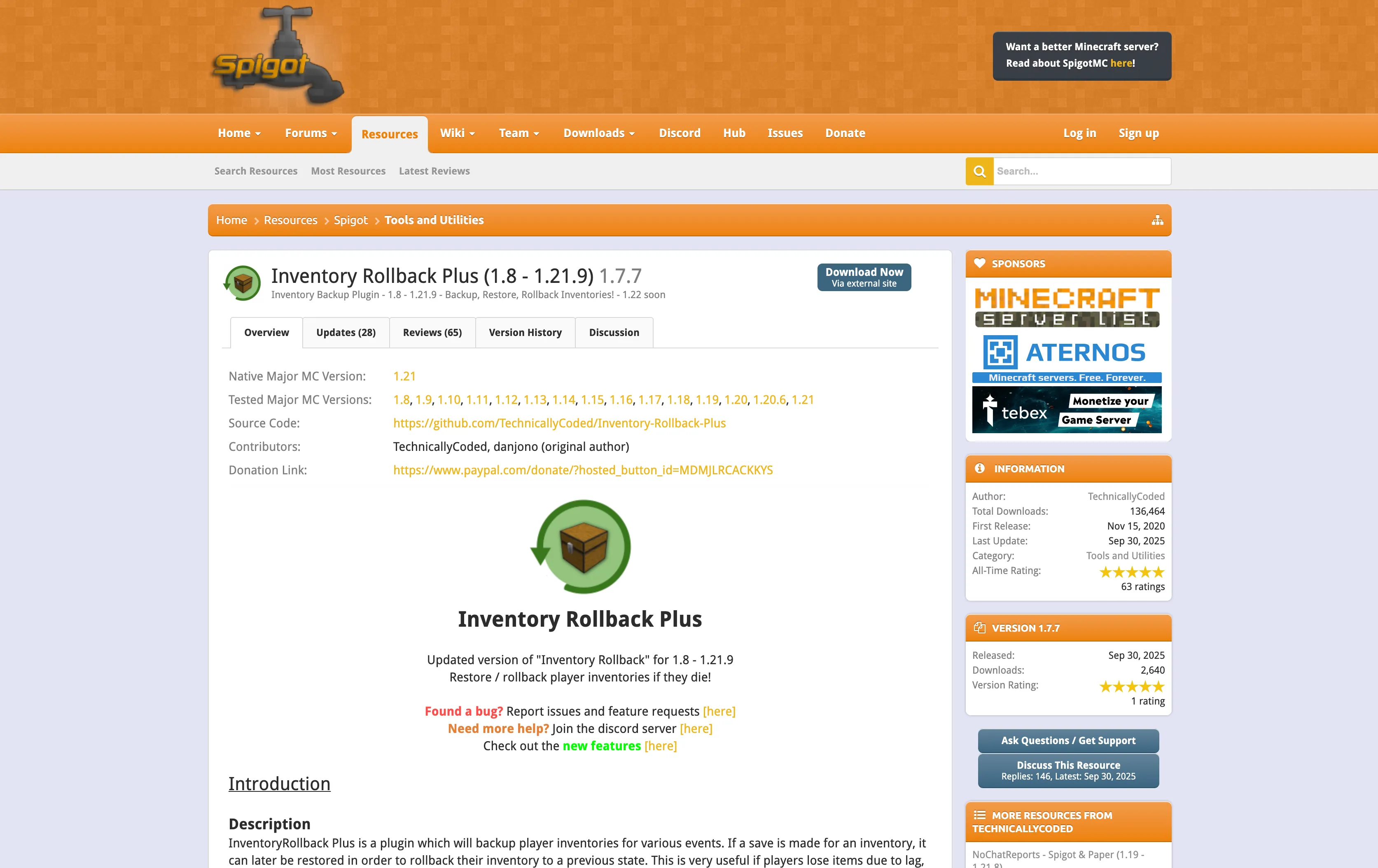 Inventory Rollback Plusインベントリ保護プラグインの公式サイとプラグイン詳細情報ト