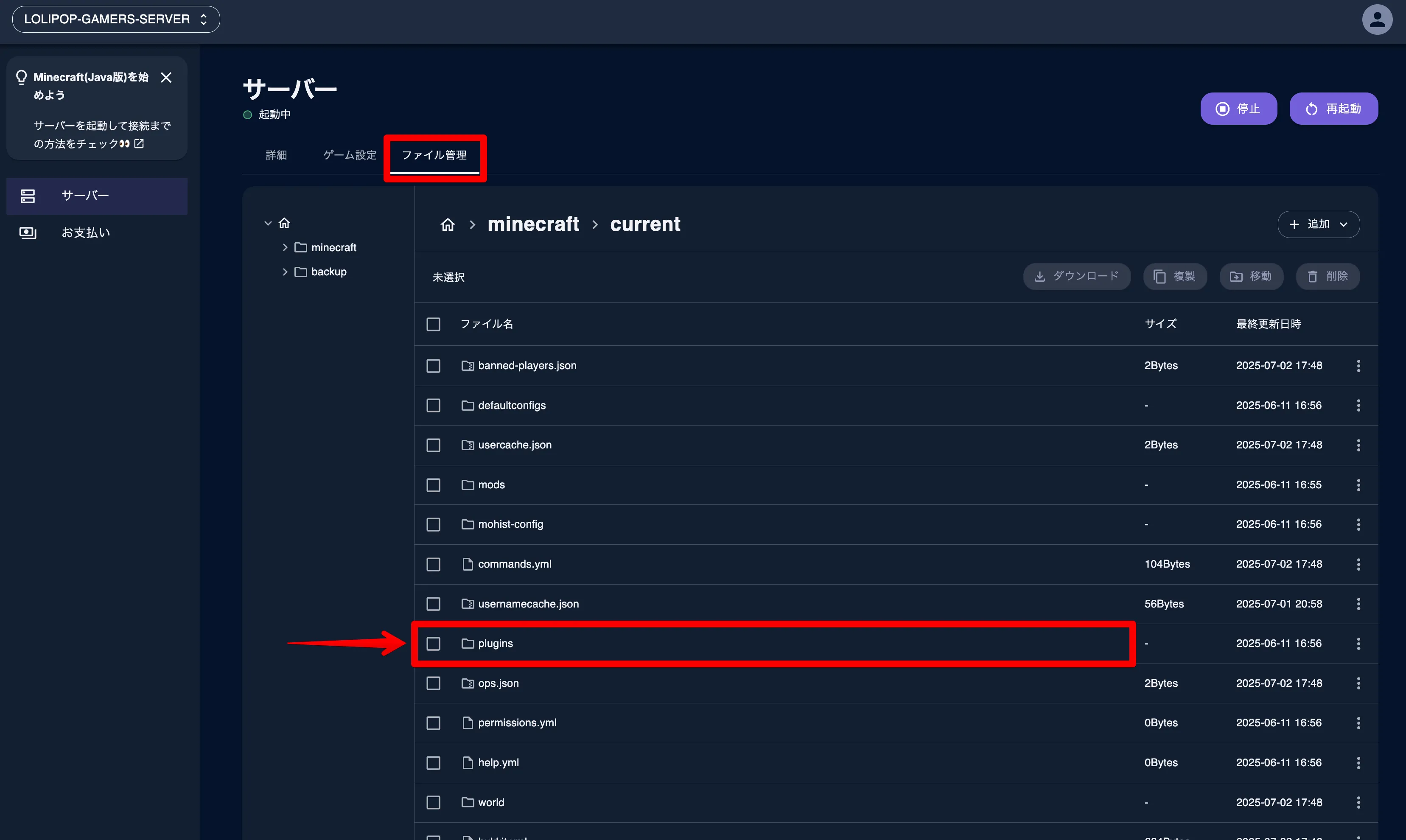 Mohist立て方_入れ方_レンサバ_「plugins」フォルダを開く