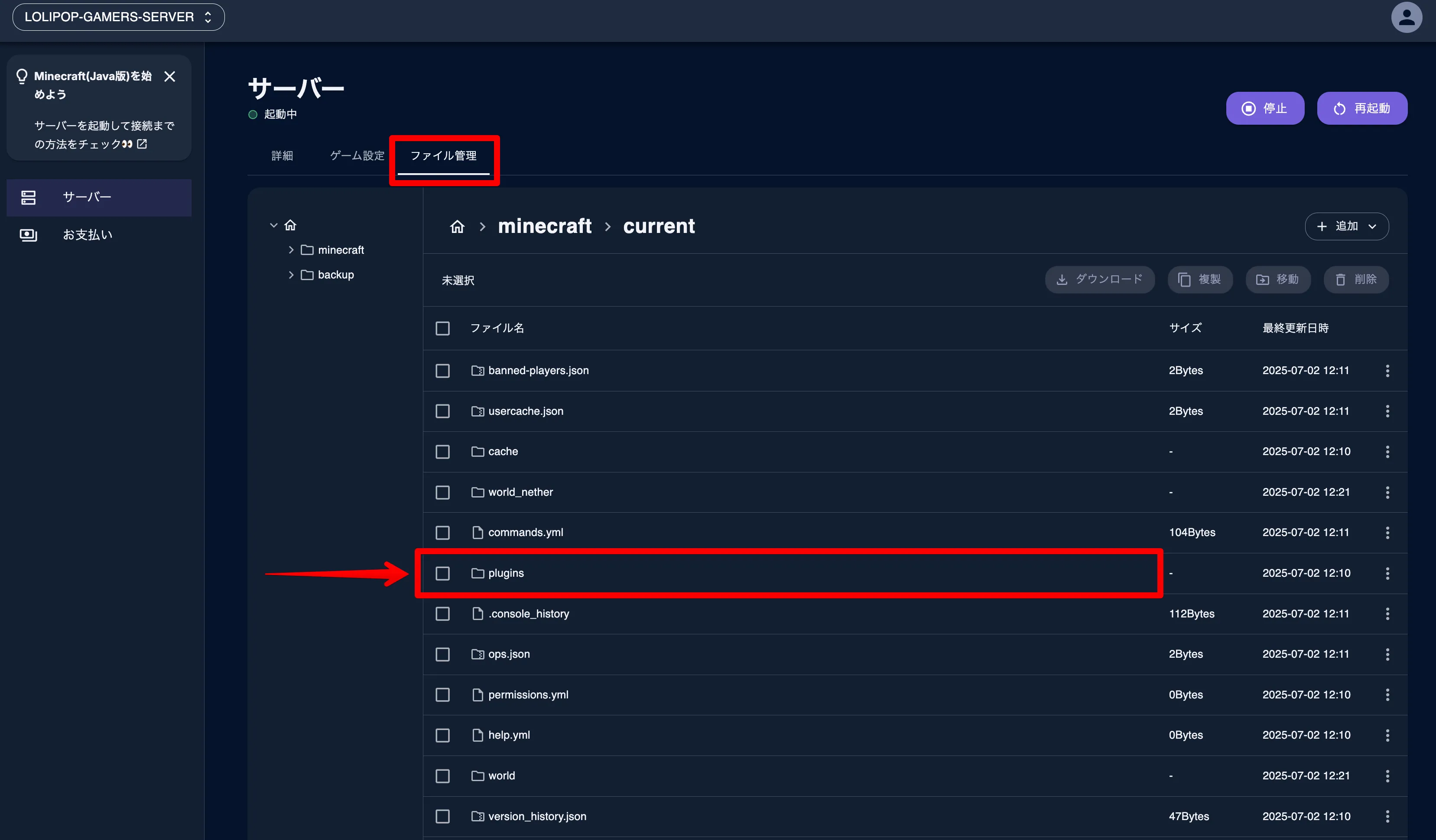 プラグイン導入_レンサバ_FM_「plugins」フォルダ
