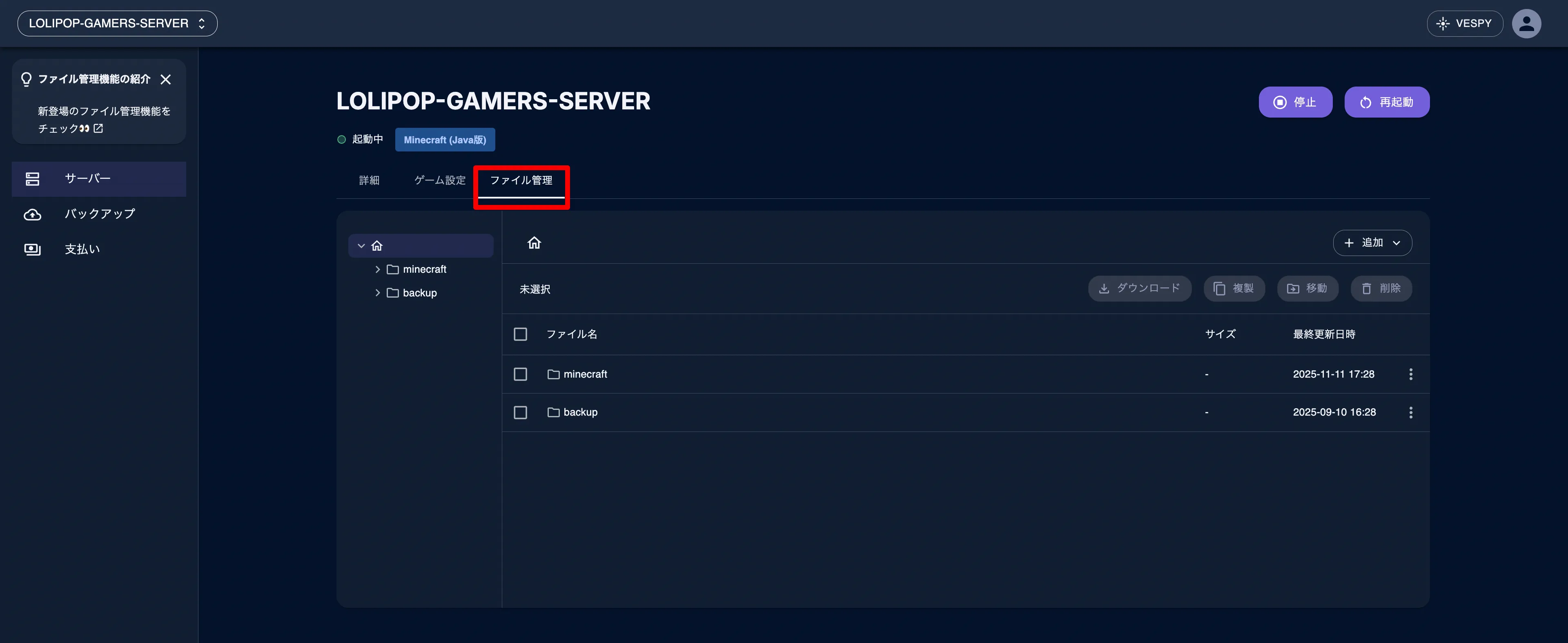 ロリポップ for Gamersのサーバー管理画面でファイル管理タブを選択する様子
